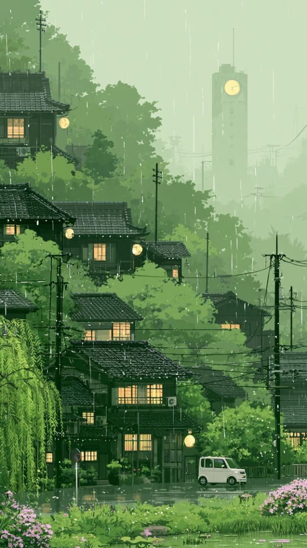 A rain-soaked Japanese hillside neighborhood rises throug…