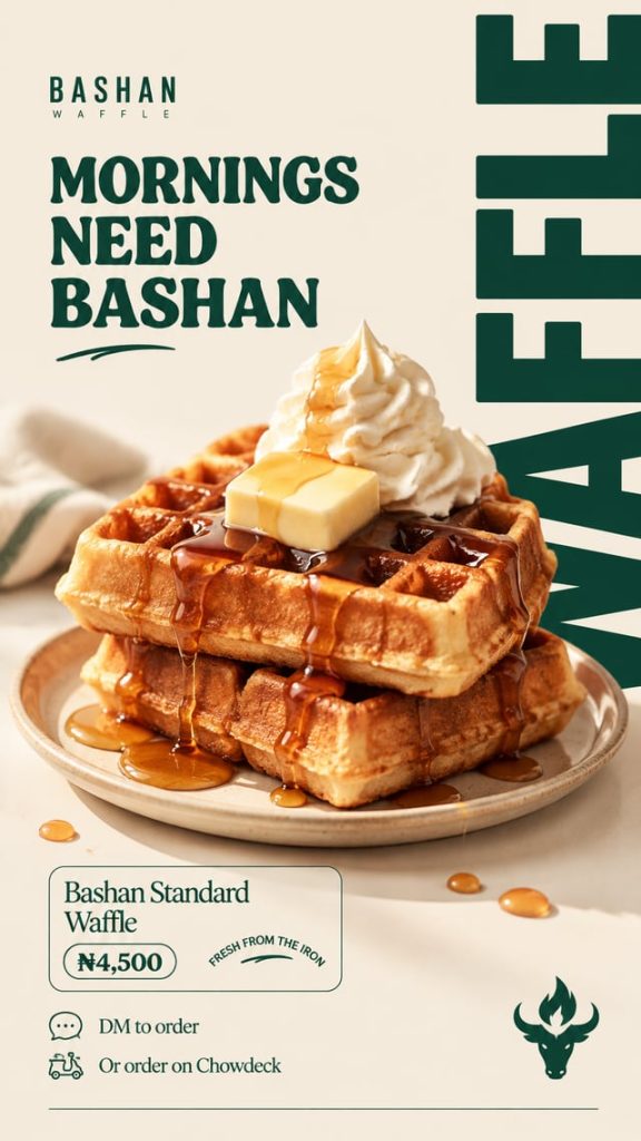 Vertical 9:16 premium food poster for a Lagos waffle bran…