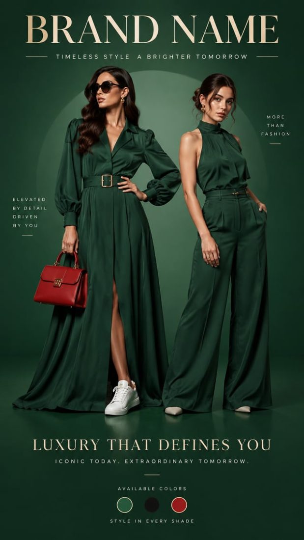 Luxury fashion advertisement poster, deep green backgroun…