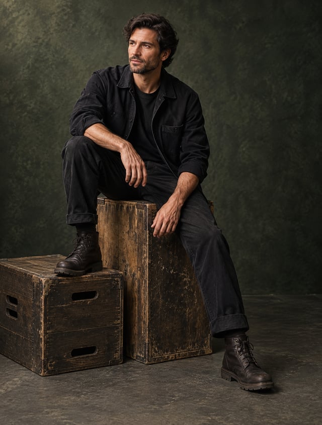 A contemplative adult man sits diagonally on a tall, worn…