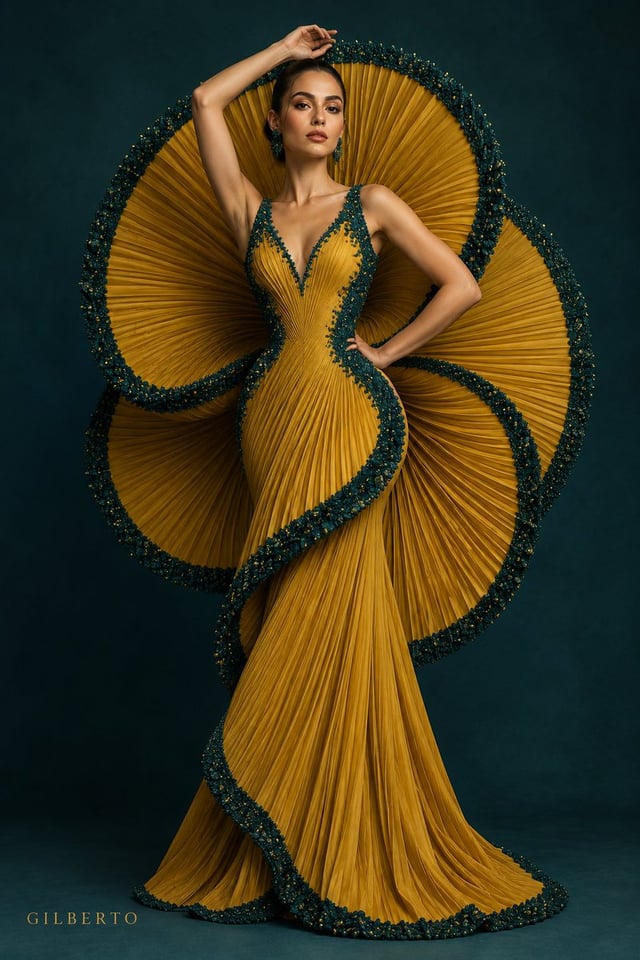 High-fashion studio portrait of a woman wearing an avant-…