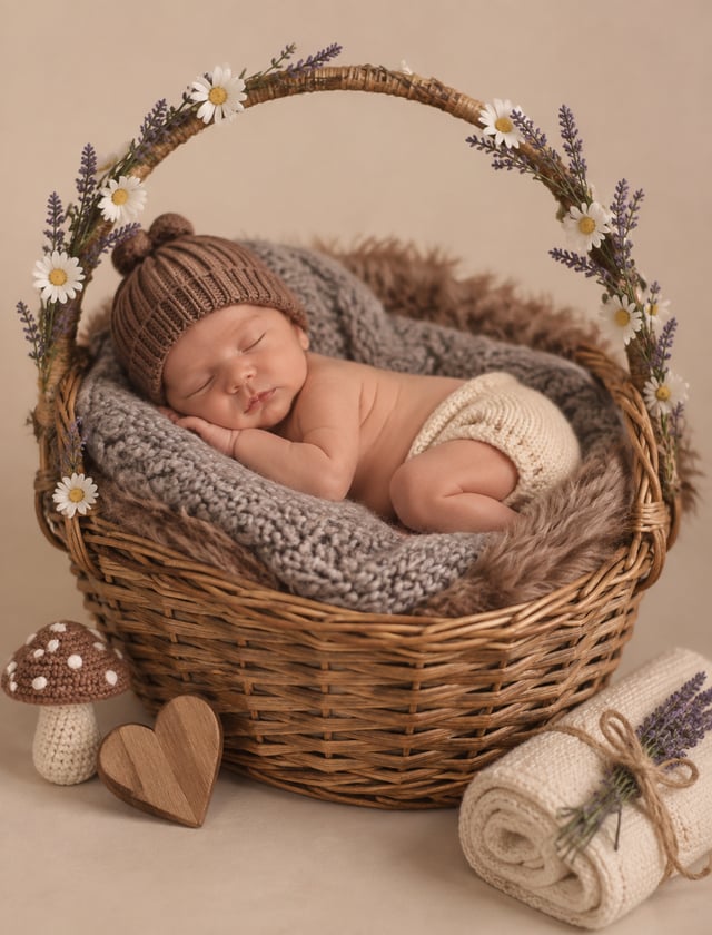 A newborn baby sleeping peacefully inside a rustic woven …